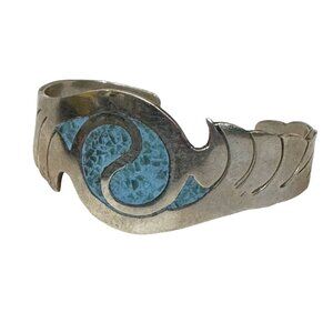 Vintage Sterling Silver Turquoise Inlay Cuff Bracelet Modernist Etched Waves